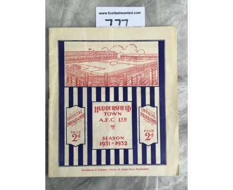 31/32 Huddersfield Town v Bolton Wanderers Football Programme: 1st Division match dated 26 9 1931. No team changes. Staple re