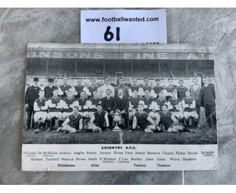 Coventry City 1911/1912 Football Team Postcard: Fair/good condition with players names underneath. Message and halfpenny stam