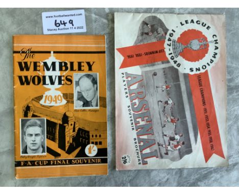 1940s Wolves + Arsenal Football Brochures: 47/48 Arsenal League Champions 28 page brochure and a 1949 Wembley Wolves 32 page 