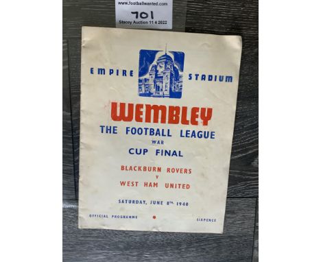 1940 FA Cup Final Football Programme: Blackburn v West Ham strictly speaking named the War Cup Final played at Wembley. Very 