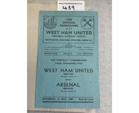 47/48 West Ham v Arsenal Combination Cup Final: Very good condition with no team changes. Light folding.