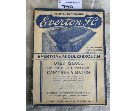 37/38 Everton v Middlesbrough Football Programme: 1st Division match dated 19 3 1938 with a couple of tears either end of spi