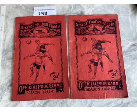 1930s Arsenal Home Football Programmes: 32/33 Wolves with centre page having writing and coloured pencil plus 36/37 West Brom