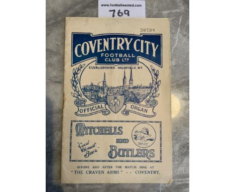 33/34 Coventry City v Bristol Rovers Football Programme: 1st team Southern Section Cup match dated 13 1 1934. Good with no te