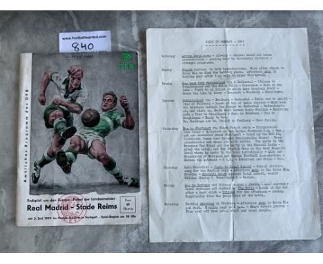 1959 European Cup Football Memorabilia: Real Madrid v Stade Reims programme with name to cover, Real Madrid rosette, Typed no