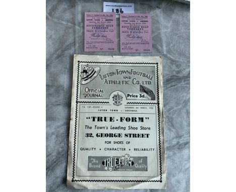 51/52 Luton Town v Arsenal FA Cup Programme + Tickets: Programme with rusty staple removed and two excellent tickets from the