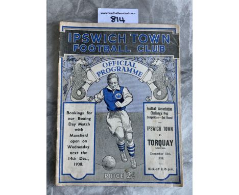 38/39 Ipswich v Torquay FA Cup Football Programme: Good condition with no writing. Light foxing and tiny crease.