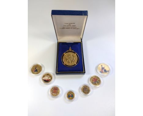 1977 Jubilee crown of crowns 22ct gold plated pendant in box together with seven UK coins gold plated and enamel decoration. 