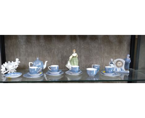 Royal Doulton 2193 'Fair Lady' 19cm, a porcelain blue lustre glaze miniature tea service, Alfred Meakin dish, a clock, and a 