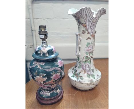 A Japanese vase decorated with Java Sparrows converted as a lamp-base 40cm and a baluster jar and cover converted as a lamp b