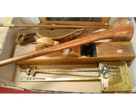 Mixed lot to include pair of fireside bellows, block plane, copper and brass hunting horn etc