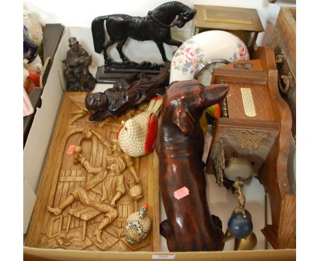 Mixed lot to include continental wall clock, continental carvings, cast iron doorstop, mantel clock etc
