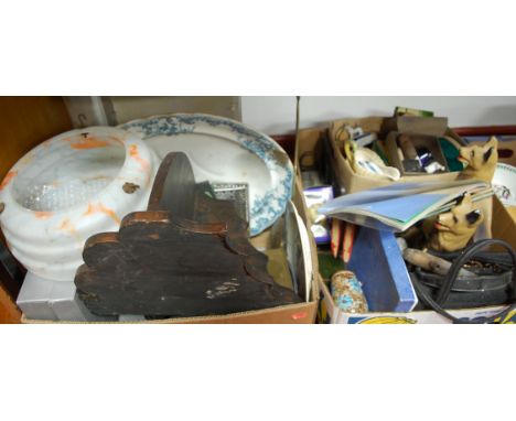 A large collection of miscellaneous items to include two resin German Shepherd dog figures, ladies handbags, oak bracket, Vic