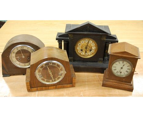 An ebonised architectural mantel clock, walnut cased mantel clock and two others (4)