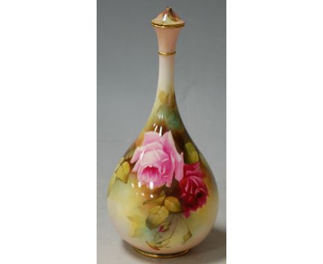 A circa 1900 Royal Worcester bottle vase and cover handpainted with roses, shape No. 105, green mark verso Condition Report /