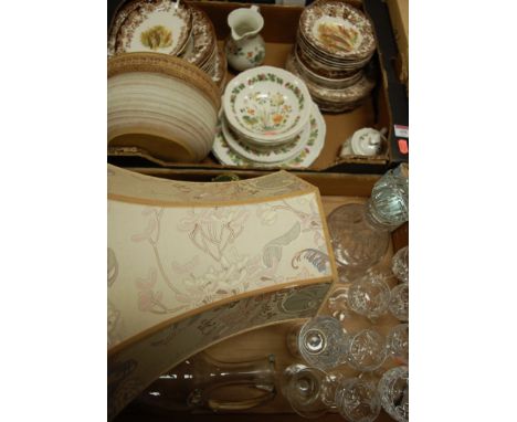 Two boxes of miscellaneous china to include Royal Worcester Pallisy Game series tablewares, mallet shaped decanter and stoppe