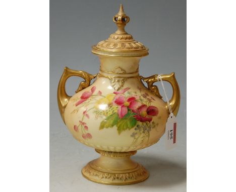 A circa 1900 Royal Worcester blush ivory jar and cover with handpainted floral decoration and green mark verso, shape number 