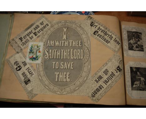 A Victorian leather bound scrapbook, containing principally monochrome portrait and landscape engravings 