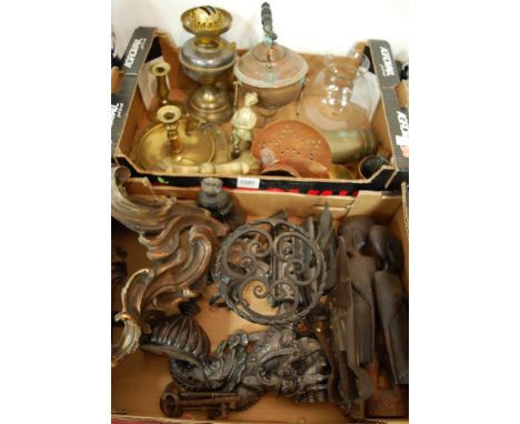 Two boxes of assorted metalwares to include reproduction cast iron doorstop, copper brass spirit kettle, gilded composition w