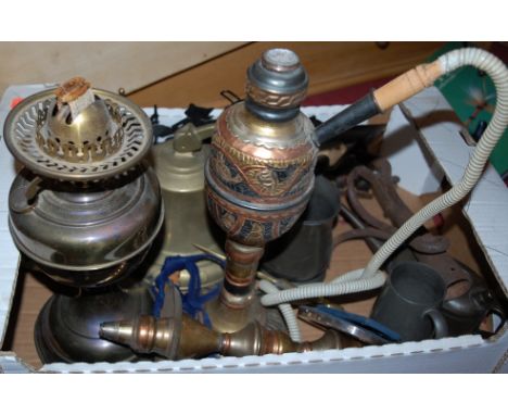 A box of assorted metal wares to include oil lamp, sheesha pipe etc