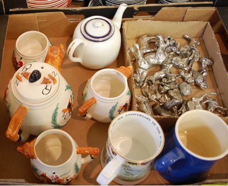 A collection of chrome animal ornaments, hunting ware, four piece tea set, Aynsley commemorative mug, and a quantity of colle