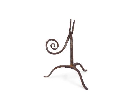 A FORGED IRON RUSH LIGHT, on tripod base, with spiral handle. 25cm high
