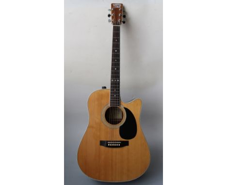A TANGLEWOOD TFCA-E ELECTRO-ACOUSTIC GUITAR, made in Korea, with a slight split, possible repair where the neck meets the bod