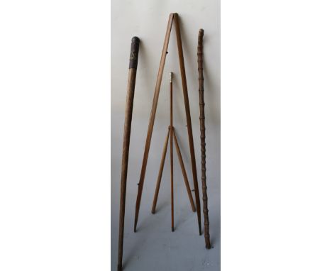 AN 'INVICTA' KENT REGIMENT SWAGGER STICK, with nickel cap, a home-made walking stick with similar badge and a quantity of ass