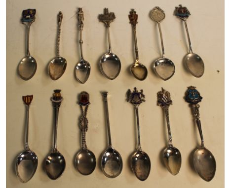 FOURTEEN MAINLY ENGLISH HALLMARKED SILVER SOUVENIR SPOONS, to include some enamel examples (14)Buyers - for shipping pricing 