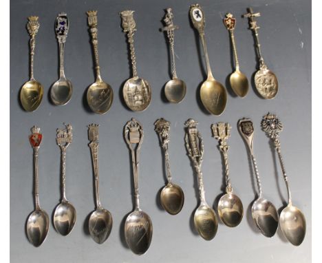 SEVENTEEN CONTINENTAL SILVER AND WHITE METAL SOUVENIR SPOONS, to include some enamel examples (17)Buyers - for shipping prici