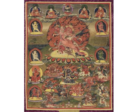 TANGKA REPRÉSENTANT CHINTAMANI HAYAGRIVATIBET ORIENTAL, MONASTÈRE DE MINDROLLING, XIXE SIÈCLEDistemper on cloth with red hand