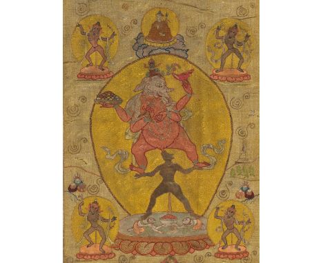 TANGKA EN SOIE APPLIQUÉE ET BRODÉE REPRÉSENTANT RAGAVAJRA GANAPATITIBET OU MONGOLIE, VERS XIXE SIÈCLEWith original silk mount