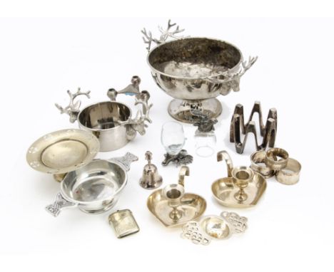 A large collection of silver plate, including a part canteen of cutlery, various flatware and serving items, a Dansk candleho