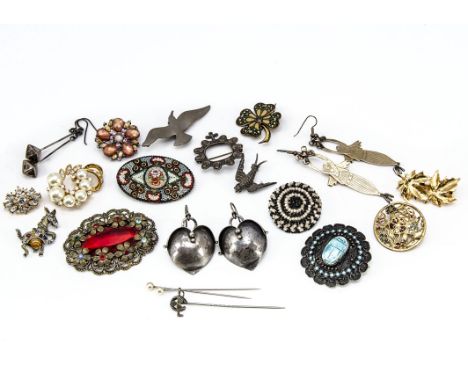 A collection of silver and other costume jewellery, including a pair of contemporary heart shaped drop earrings, a 1930s micr