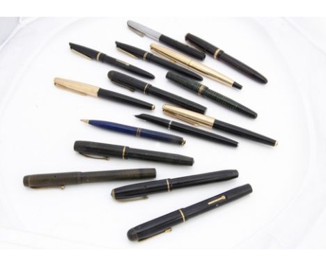 A collection of thirteen vintage fountain pens, including a Parker 45, a Relief, a Conway Stewart 28, a Watermans L.2, a Park