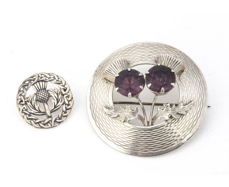A George VI Scottish silver and paste thistle brooch, of circular design with engine turned border, dated Glasgow 1948, 5cm d