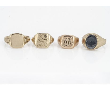 Four 9ct gold signet rings, comprising a plain form with Chinese script, ring size K, another with stepped shoulders, engrave