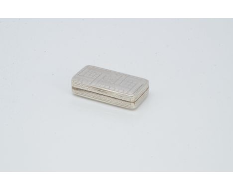 A George III silver pocket snuff box by E T &amp; Co, rectangular with engraved geometric design and initials GH, 50mm, gilt 