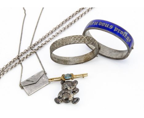 A contemporary silver hallmarked hinged bangle, with geometric design together with a 19th Century blue enamel and silver ban