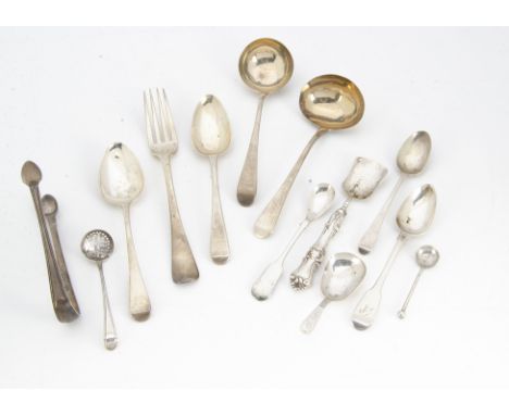 Thirteen items of Georgian and Victorian silver flatware, including two dessert spoons, a dinner fork, two sauce ladles, a sm