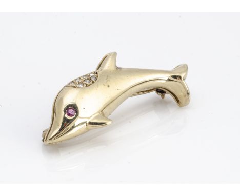A contemporary continental 18ct gold diamond and ruby dolphin brooch, 3.4cm long, 4.5g 