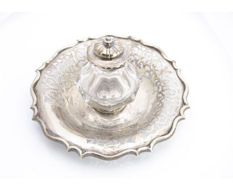 A good early Victorian silver and glass inkwell by Henry Wilkinson &amp; Co, the circular base, 19cm, with shaped and pierced