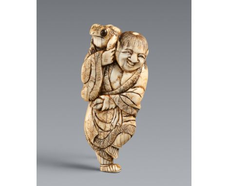 Netsuke des jugendlichen Gama Sennin. Elfenbein. Kyoto. Spätes 18. Jh.Stehend auf einem Bein, mit der rechten Hand das Bein d
