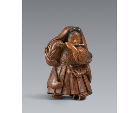 Netsuke des Fujiwara Yasumasa. Buchsbaum. Nagoya. Spätes19. Jh.Sign. in ovaler Reserve: HideharuStehend auf hohen geta und in