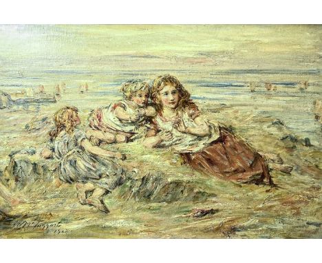 WILLIAM MCTAGGART, Scottish (1835-1910) A Restful Day on the Coast,  oil on canvas, with a young girl and two children lying 