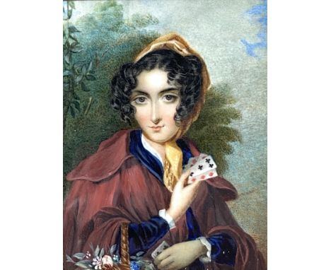 JANE HAY, (British), 19th century,  ‘The Gipsy’,   a coquettish lady holding cards and secretly withdrawing a hidden card, po