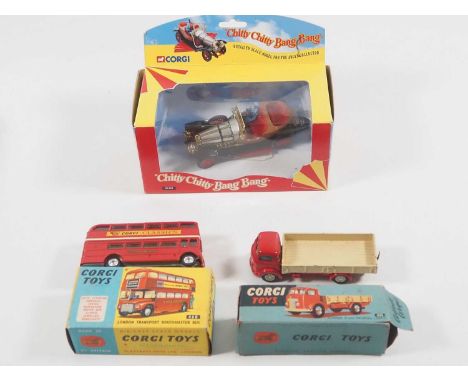 A group of CORGI diecast models comprising a 468 London Transport Routemaster Bus, a 452 Commer (5 ton) Dropside Lorry (end f