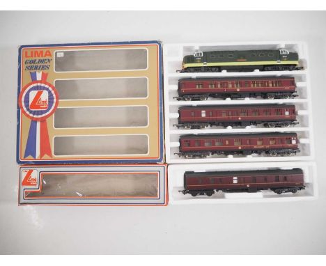 A LIMA OO gauge Golden Series passenger train pack comprising a Deltic diesel in BR green, together with 3x Mk1 coaches, and 