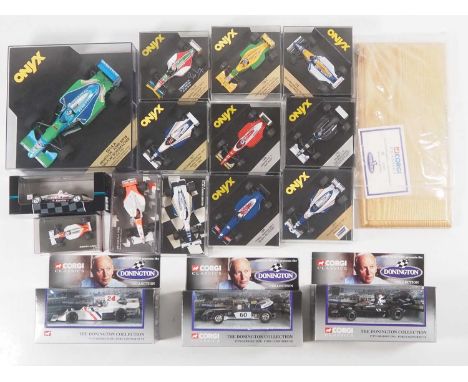 A large quantity of Formula 1 diecast racing cars by ONYX and CORGI - VG/E in G/VG boxes (16 plus plinth for 3x Corgi)