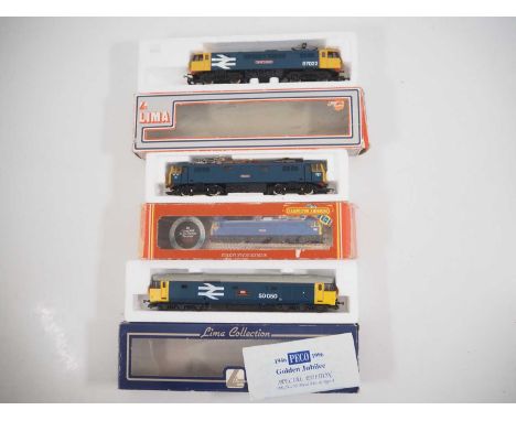A group of OO gauge locomotives comprising a LIMA class 50 diesel and class 87 electric both in BR large logo blue, together 
